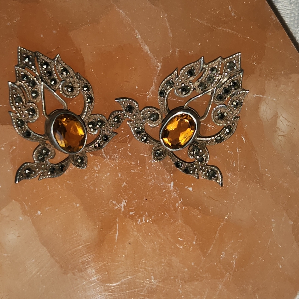 Women's 925 Vintage Citrine & Marcasite Earrings with post backs